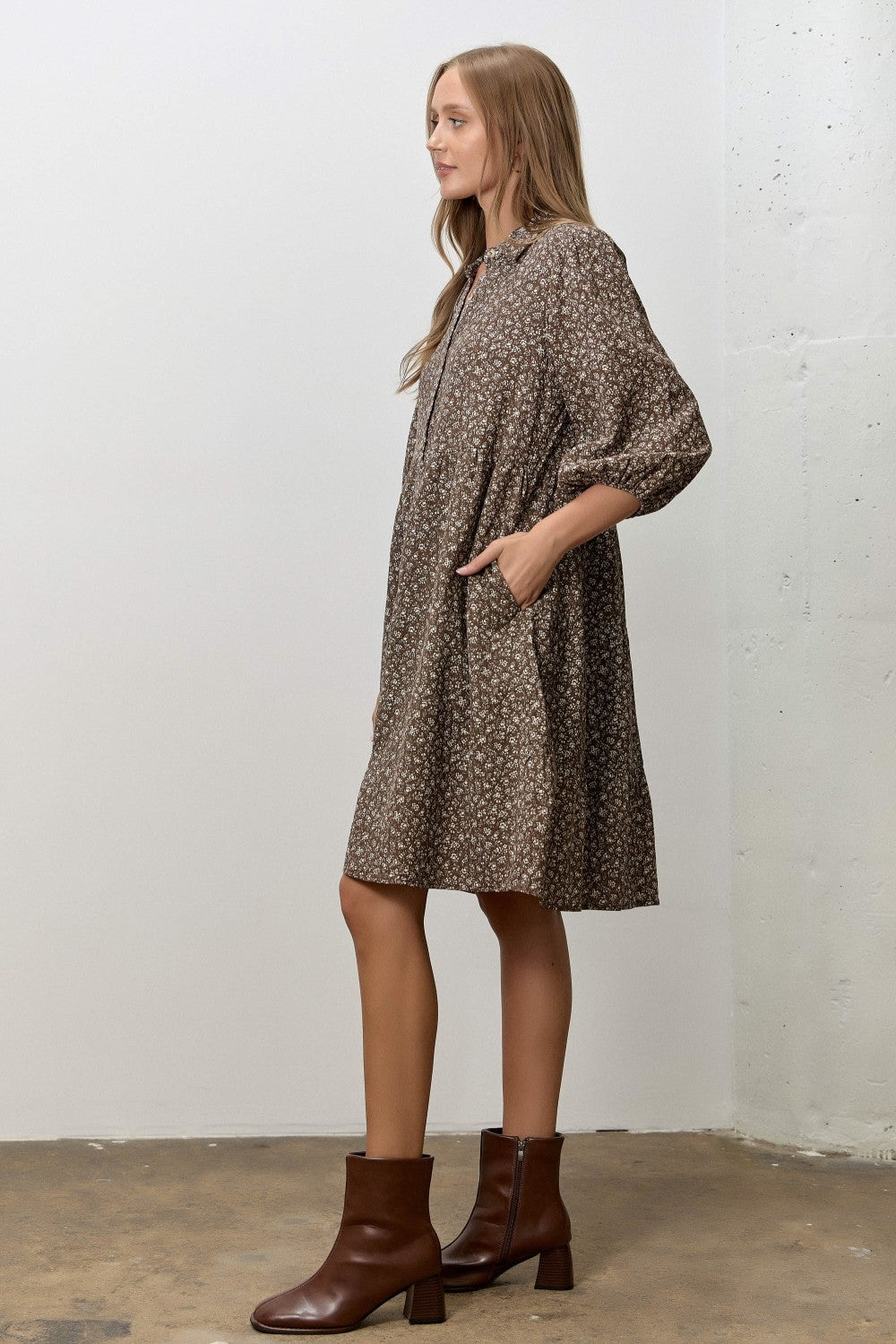Dark Brown Floral Button Down Shirt Dress