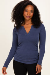 Navy Ribbed V-Neck Long Sleeve Maternity Top