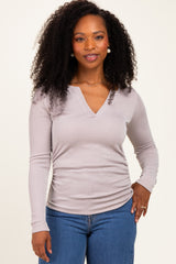 Beige Ribbed V-Neck Long Sleeve Maternity Top