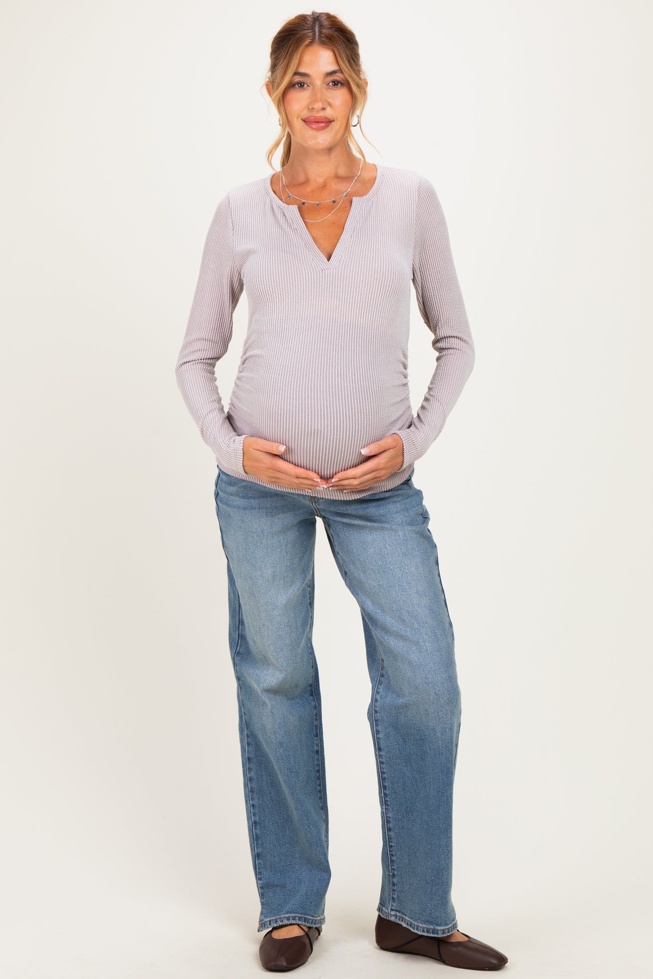 Beige Ribbed V-Neck Long Sleeve Maternity Top
