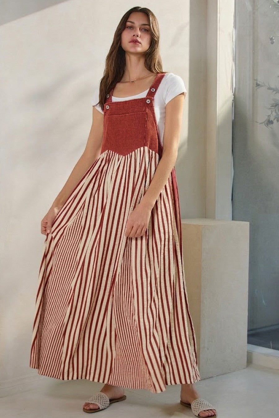 Crimson Striped Colorblock Denim Contrast Maxi Dress