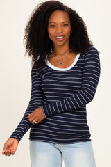 Navy Striped Long Sleeve Scoop Neck Maternity Top