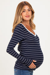Navy Striped Long Sleeve Scoop Neck Maternity Top