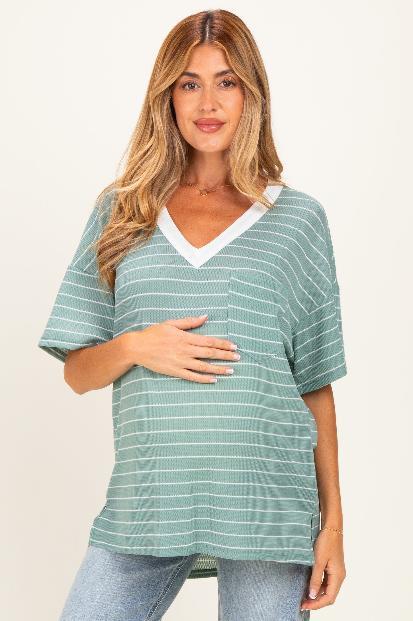 Mint Striped Short Sleeve V-Neck Maternity Top