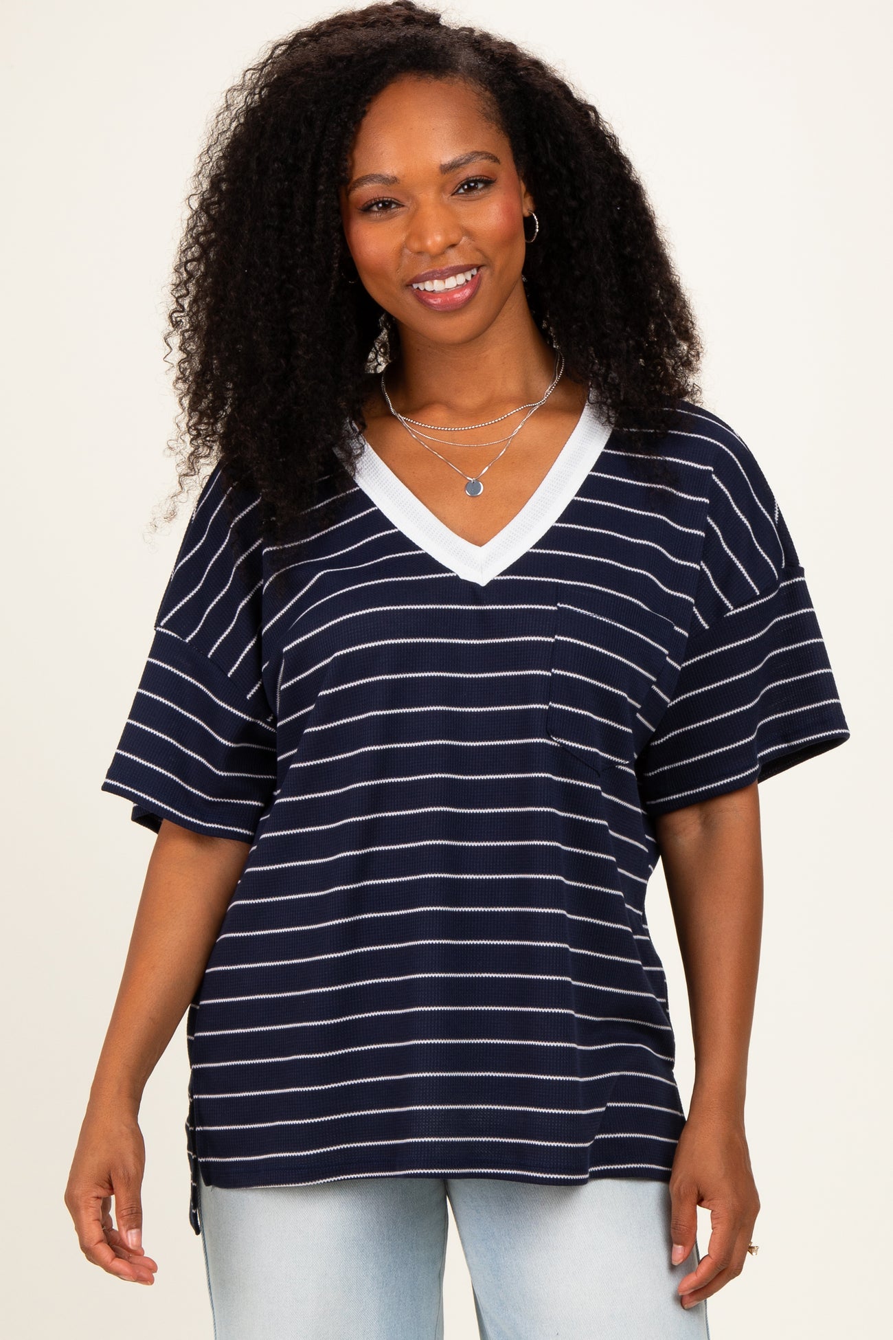 Navy Striped Short Sleeve V-Neck Top