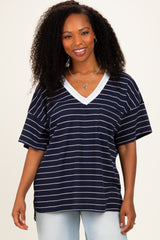 Navy Striped Short Sleeve V-Neck Top