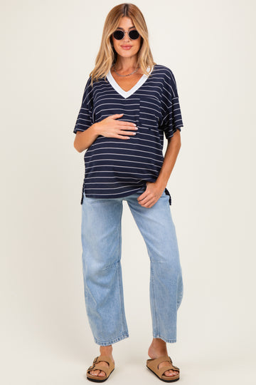 Navy Striped Short Sleeve V-Neck Maternity Top
