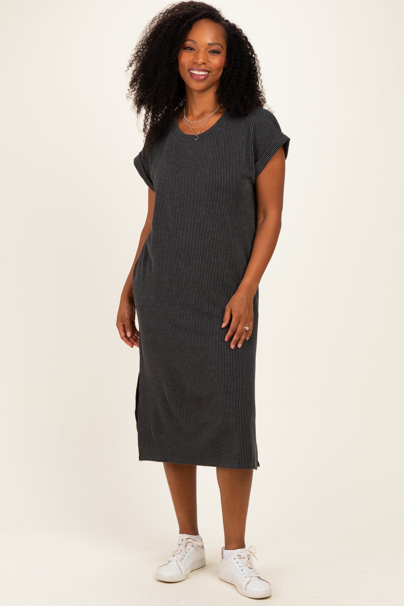 Charcoal Short Sleeve Ribbed Maternity Maxi Dress