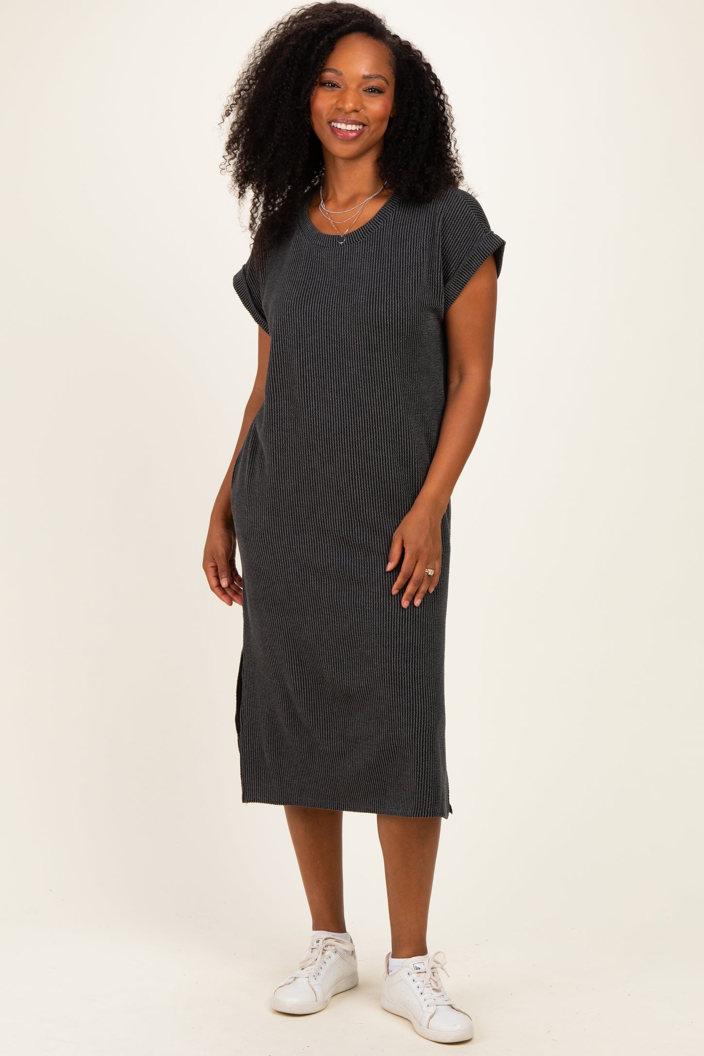 Charcoal Short Sleeve Ribbed Maternity Maxi Dress