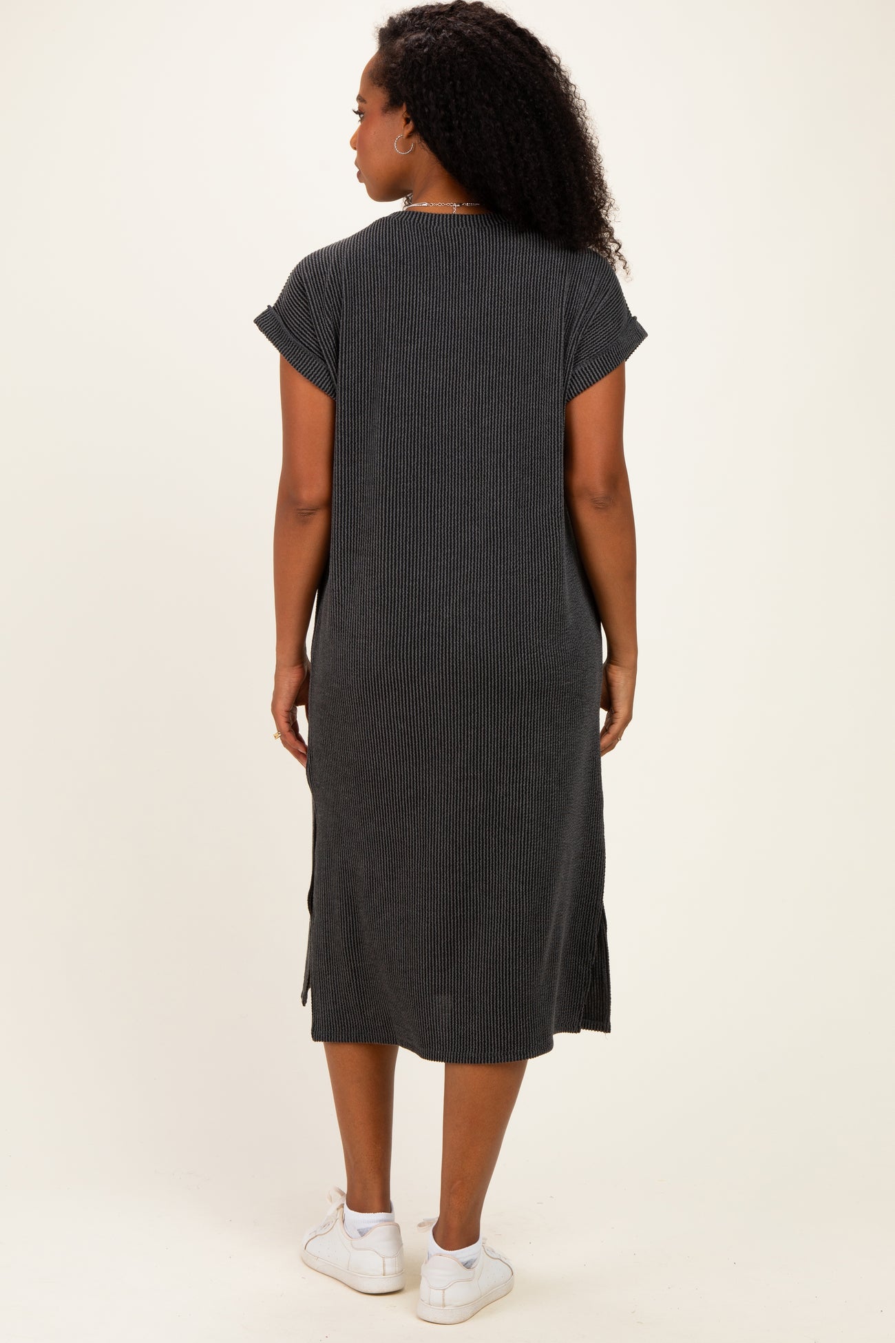 Charcoal Short Sleeve Ribbed Maxi Dress