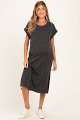 Charcoal Short Sleeve Ribbed Maternity Maxi Dress