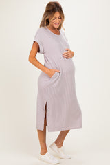 Beige Short Sleeve Ribbed Maternity Maxi Dress
