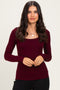 Burgundy Ribbed Scoop Neck Long Sleeve Top