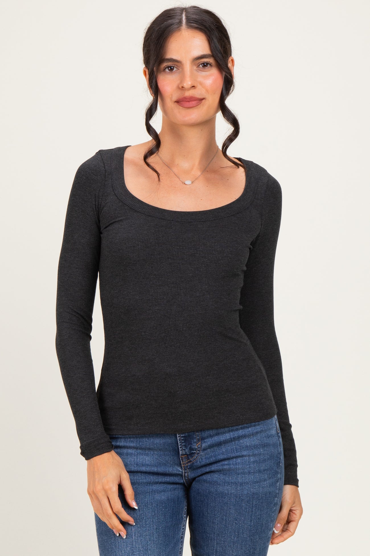 Charcoal Ribbed Scoop Neck Long Sleeve Maternity Top