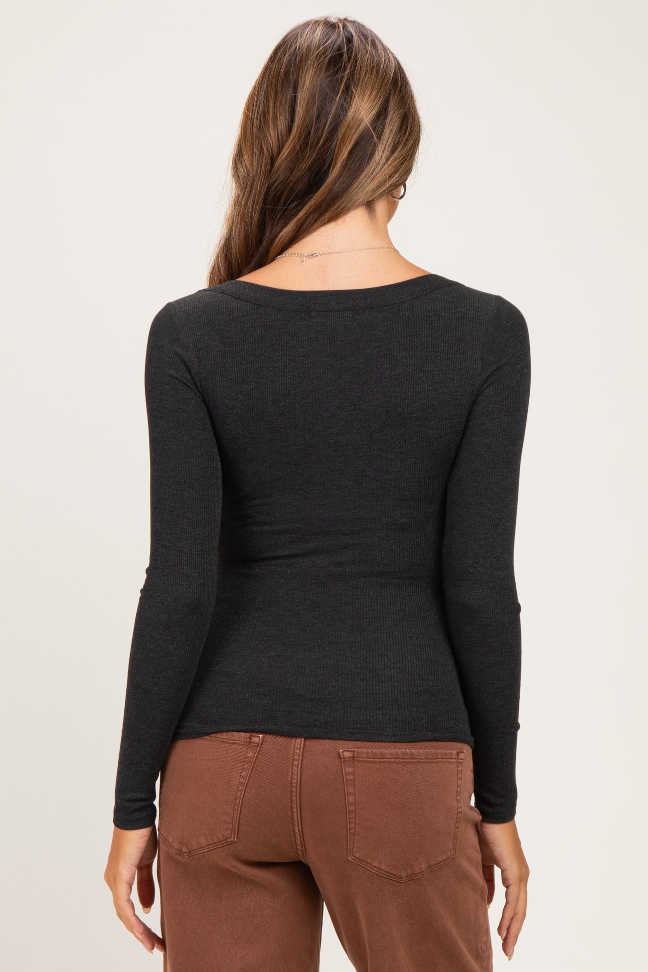 Charcoal Ribbed Scoop Neck Long Sleeve Maternity Top