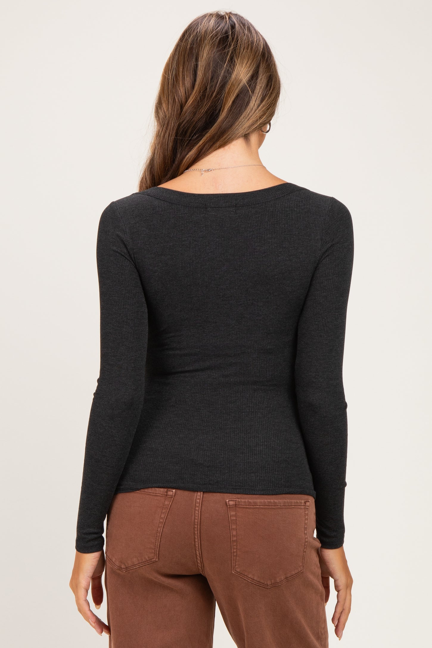 Charcoal Ribbed Scoop Neck Long Sleeve Maternity Top