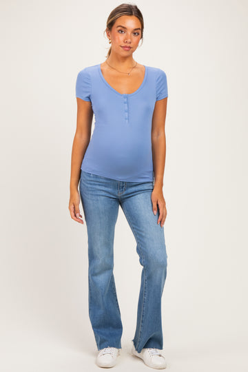 Blue Ribbed Button Scoop Neck Short Sleeve Maternity Top