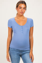 Blue Ribbed Button Scoop Neck Short Sleeve Maternity Top