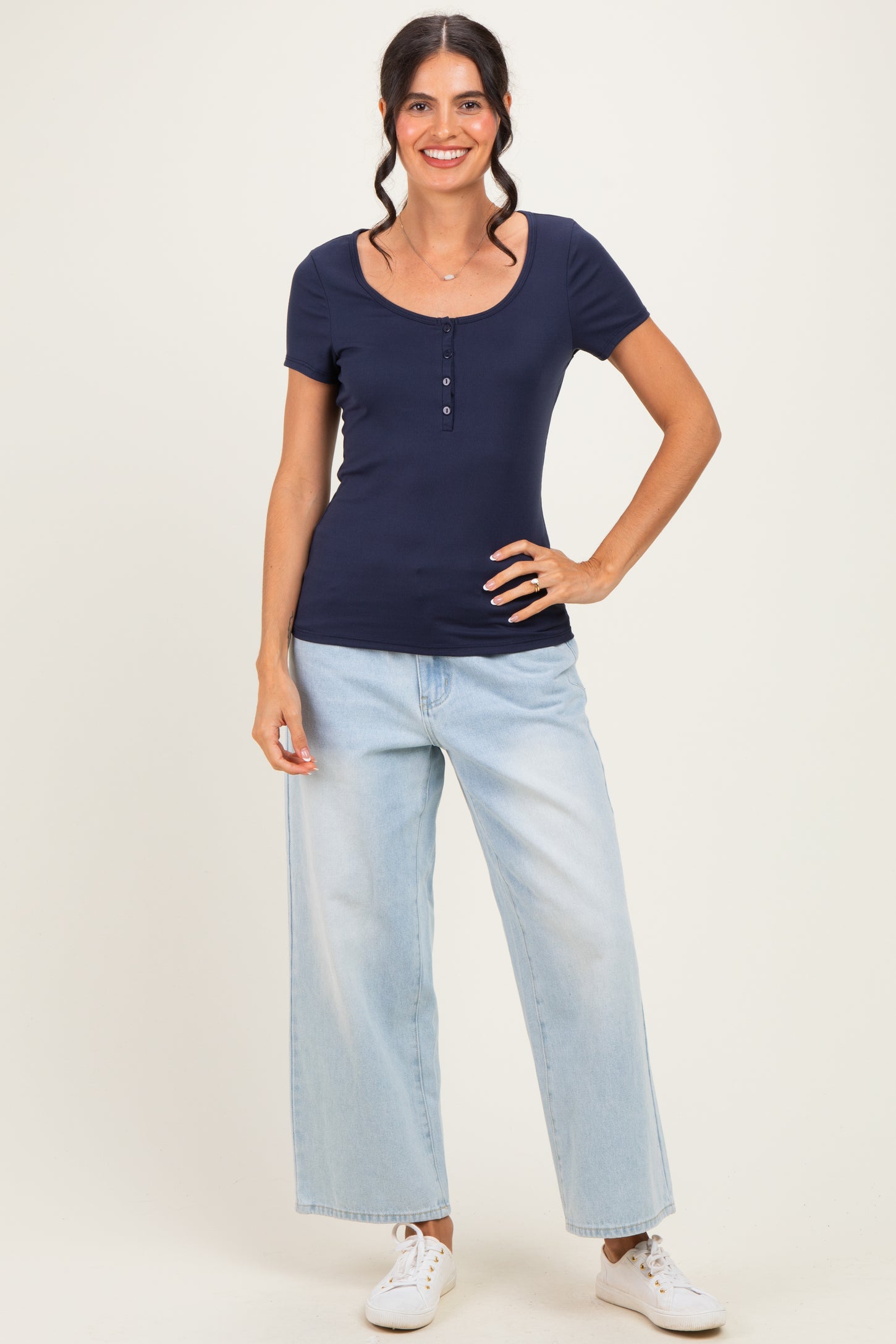 Navy Ribbed Button Scoop Neck Short Sleeve Top