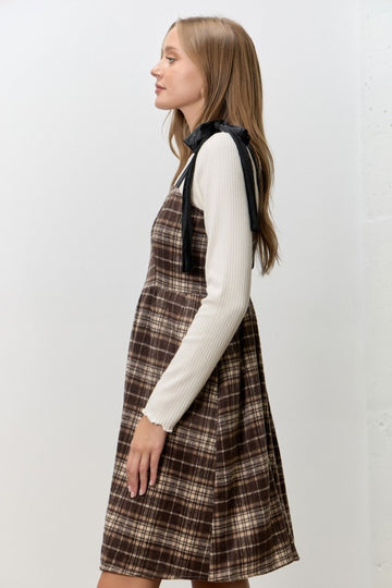 Dark Brown Plaid Velvet Shoulder Tie Dress