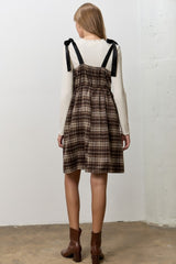 Dark Brown Plaid Velvet Shoulder Tie Dress