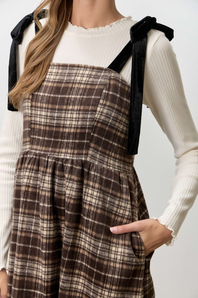Dark Brown Plaid Velvet Shoulder Tie Dress