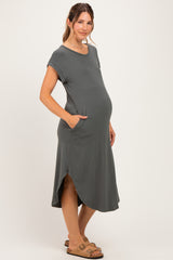 Gun Metal Rounded Hem Maternity Midi Dress