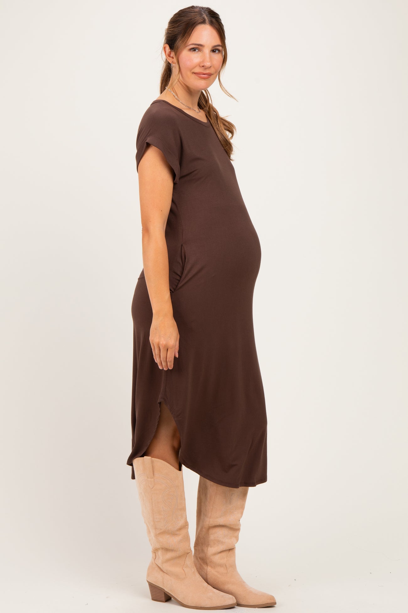 Chocolate Rounded Hem Maternity Midi Dress