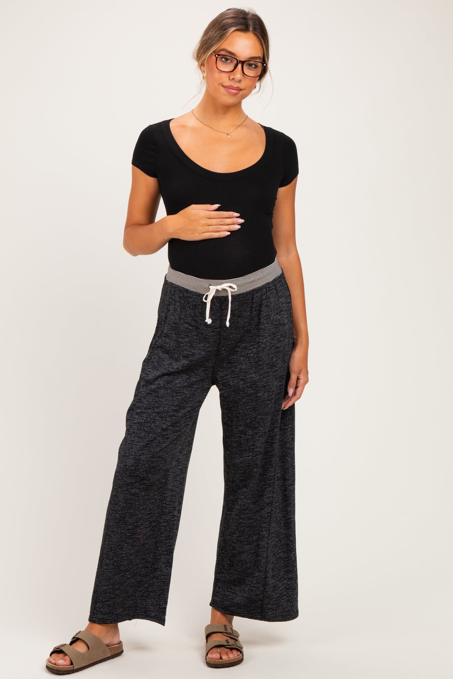 Black Contrast Waist Drawstring Maternity Pants