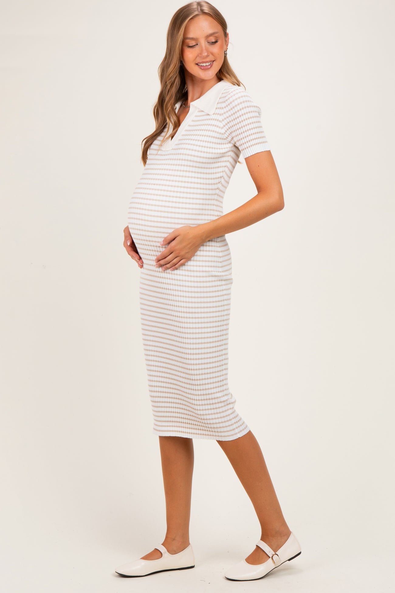 Cream Ribbed Striped Collared Maternity Midi Dress