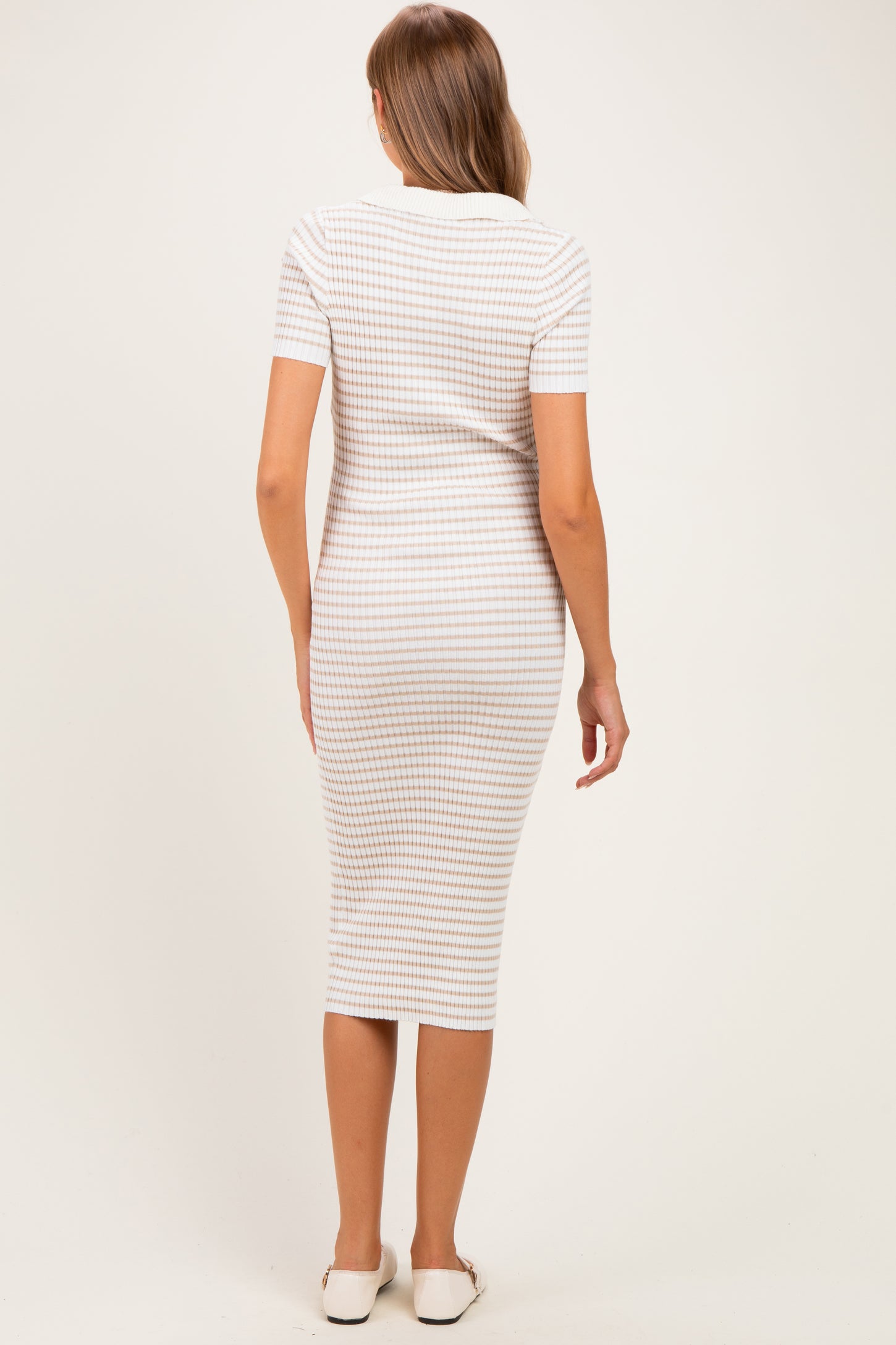 Cream Ribbed Striped Collared Maternity Midi Dress