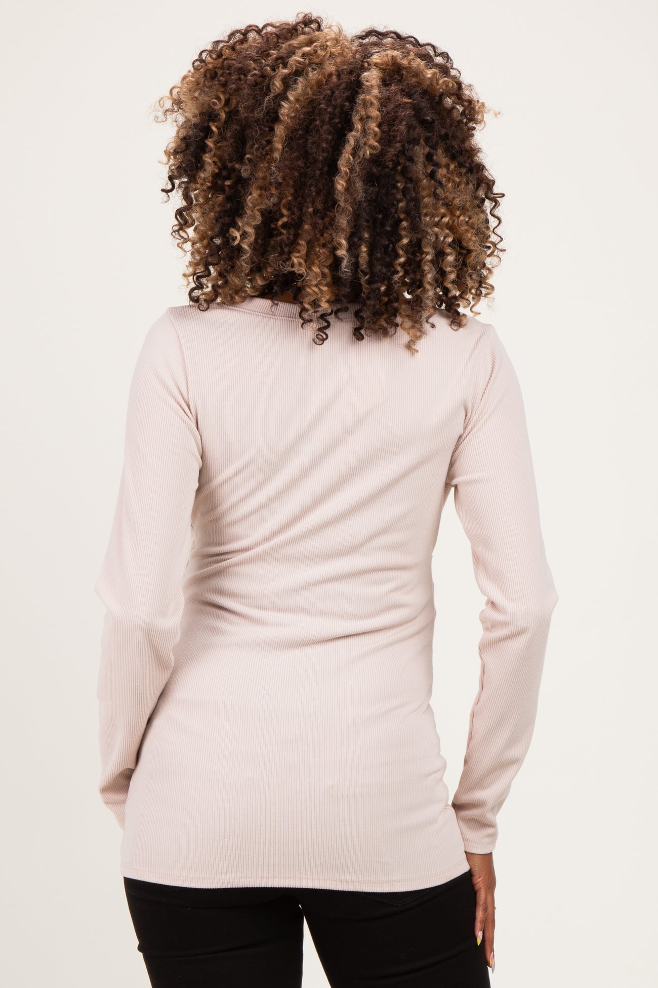 Beige Fitted Long Sleeve Wrap V-Neck Maternity Top