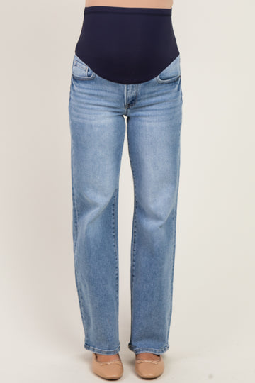 maternity wear blue straight leg jeans with a high waist band and pockets, designed for comfort during pregnancy