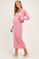 Mauve/ Cream Color Block Sleeveless Fitted Dress Maternity Cardigan Set