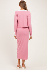 Mauve/ Cream Color Block Sleeveless Fitted Dress Maternity Cardigan Set