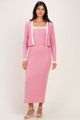Mauve/ Cream Color Block Sleeveless Fitted Dress Maternity Cardigan Set