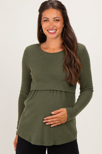 Olive Long Sleeve Peplum Knit Maternity Top