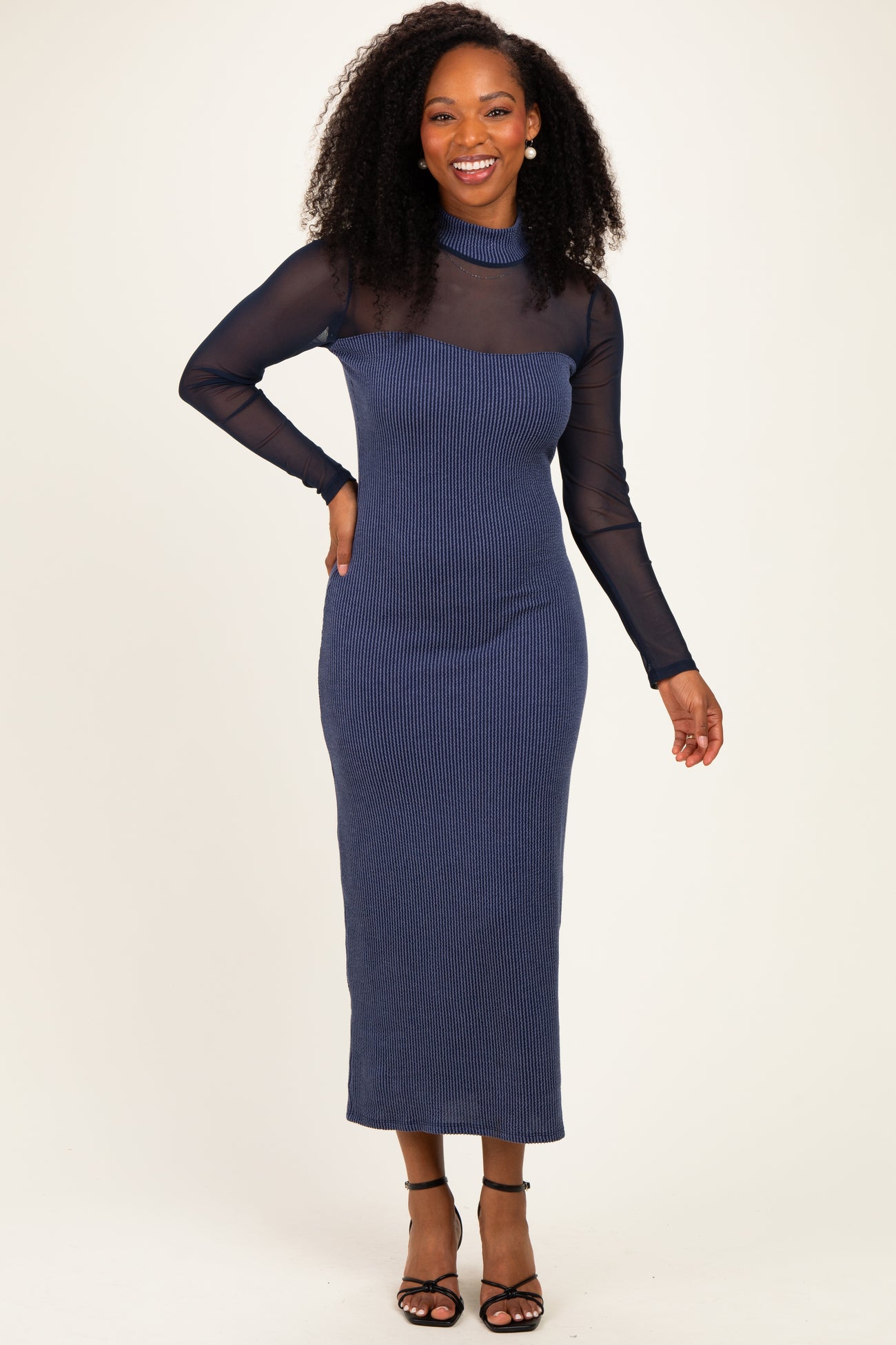 Navy Ribbed Knit Mock Neck Long Sleeve Maxi Dress
