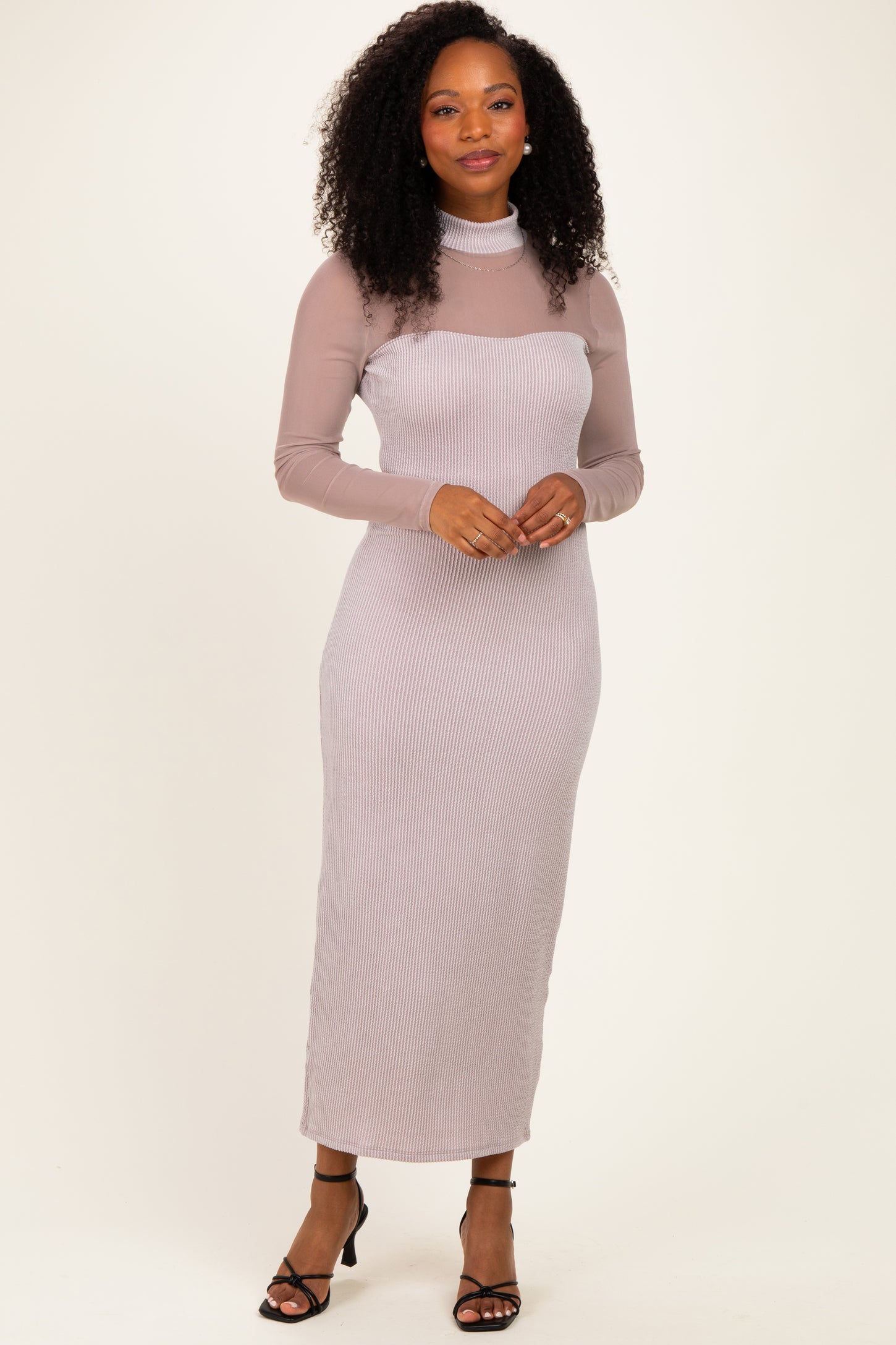 Beige Ribbed Knit Mock Neck Long Sleeve Maternity Maxi Dress