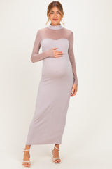 Beige Ribbed Knit Mock Neck Long Sleeve Maternity Maxi Dress
