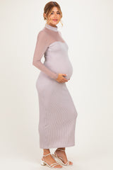 Beige Ribbed Knit Mock Neck Long Sleeve Maternity Maxi Dress