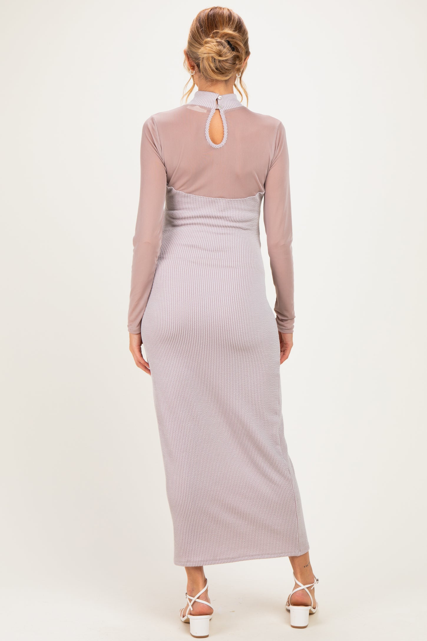 Beige Ribbed Knit Mock Neck Long Sleeve Maternity Maxi Dress