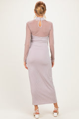 Beige Ribbed Knit Mock Neck Long Sleeve Maternity Maxi Dress