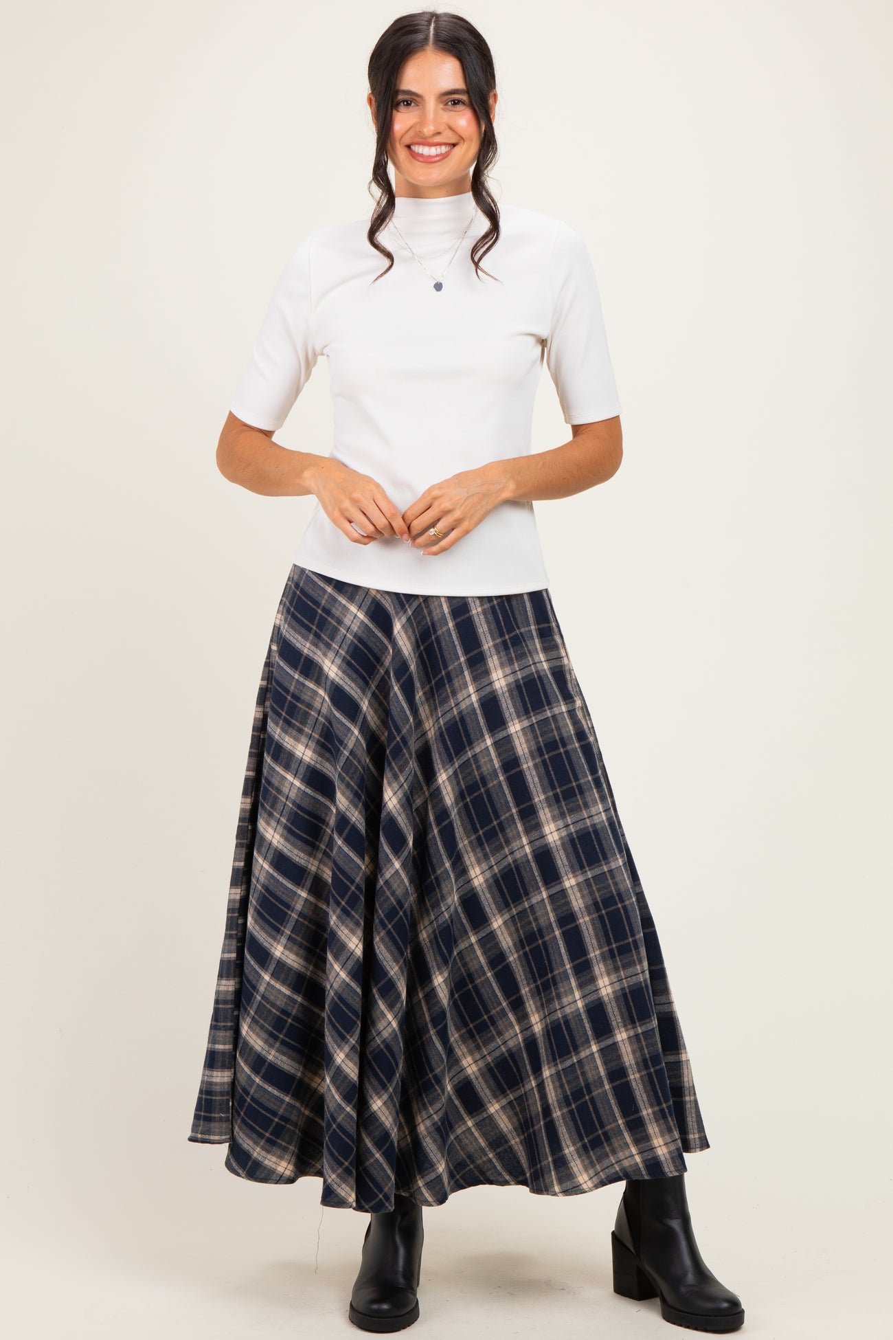 Navy Plaid A-Line Maxi Skirt