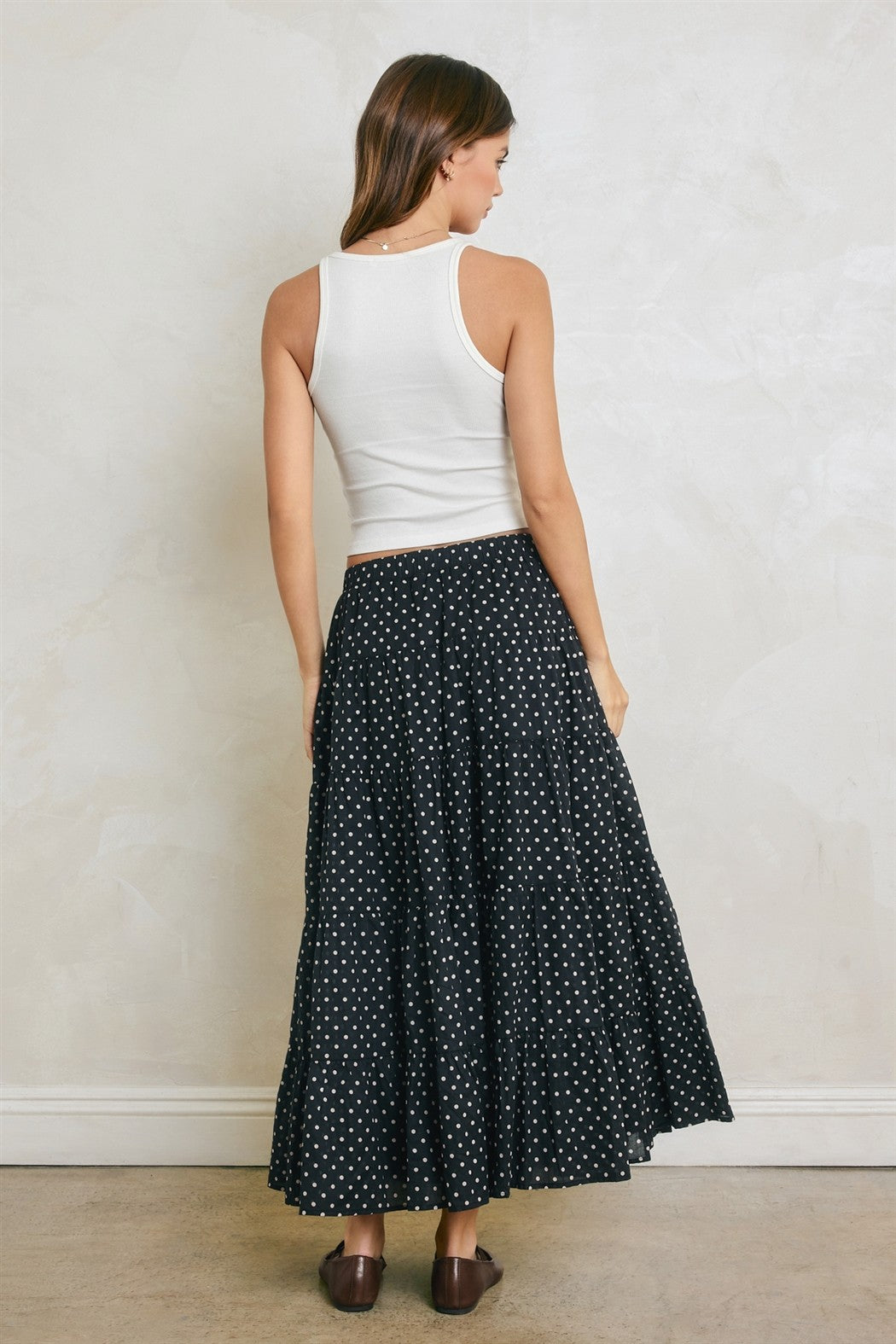 Black Polka Dot Tiered Maxi Skirt