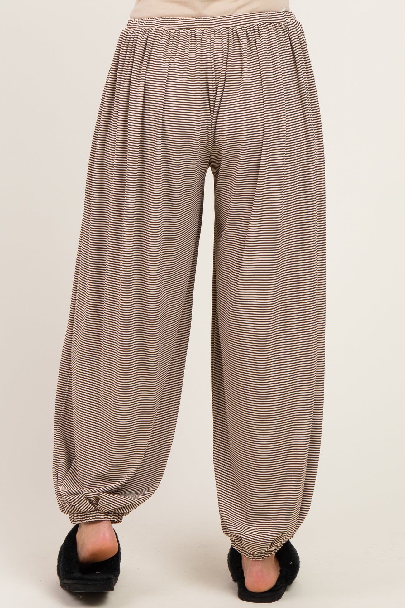 maternity wear striped wide leg pants with elastic waistband, shown from the back