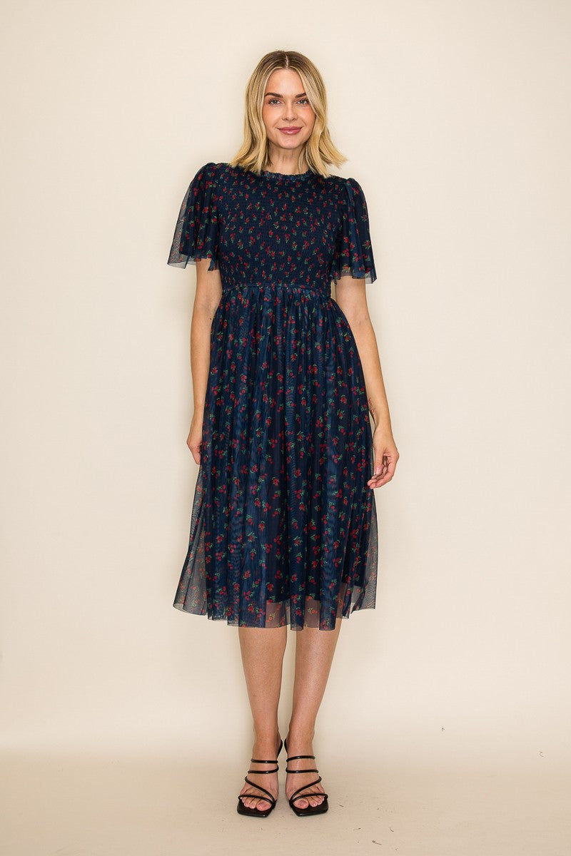 Dark Navy Floral Mesh Smocked Midi Dress