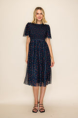 Dark Navy Floral Mesh Smocked Midi Dress