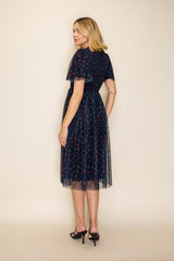 Dark Navy Floral Mesh Smocked Midi Dress
