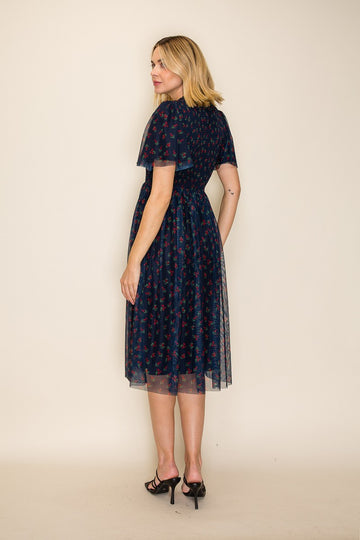Dark Navy Floral Mesh Smocked Midi Dress